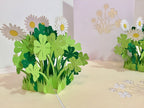 3D Pop-Up Grußkarte mit Gänseblümchen und Klee, zum Geburtstag, handgefertigt, 15x20 cm, mit Umschlag