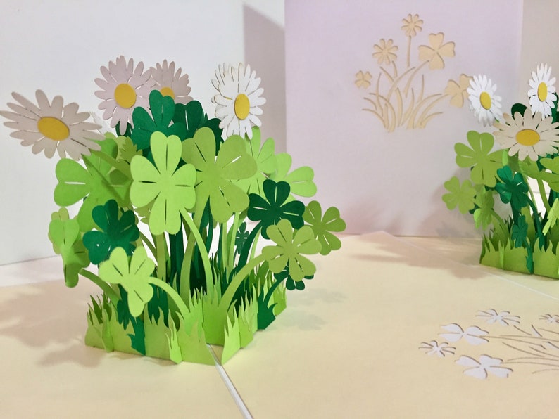 3D Pop-Up Grußkarte mit Gänseblümchen und Klee, zum Geburtstag, handgefertigt, 15x20 cm, mit Umschlag