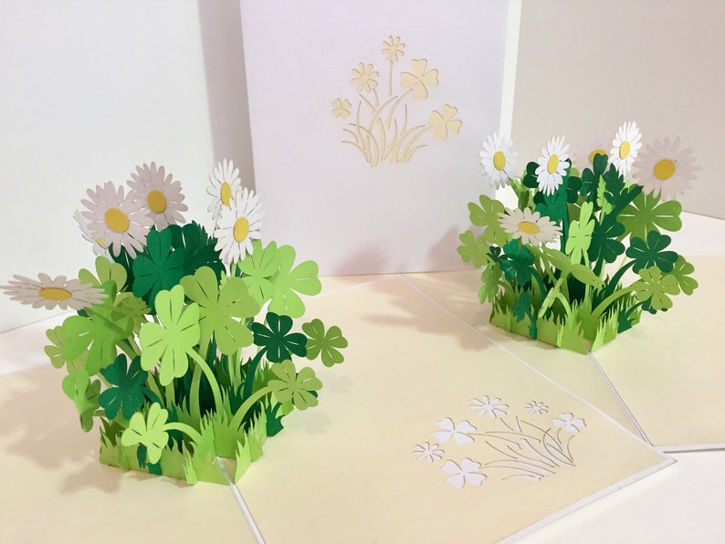 3D Pop-Up Grußkarte mit Gänseblümchen und Klee, zum Geburtstag, handgefertigt, 15x20 cm, mit Umschlag