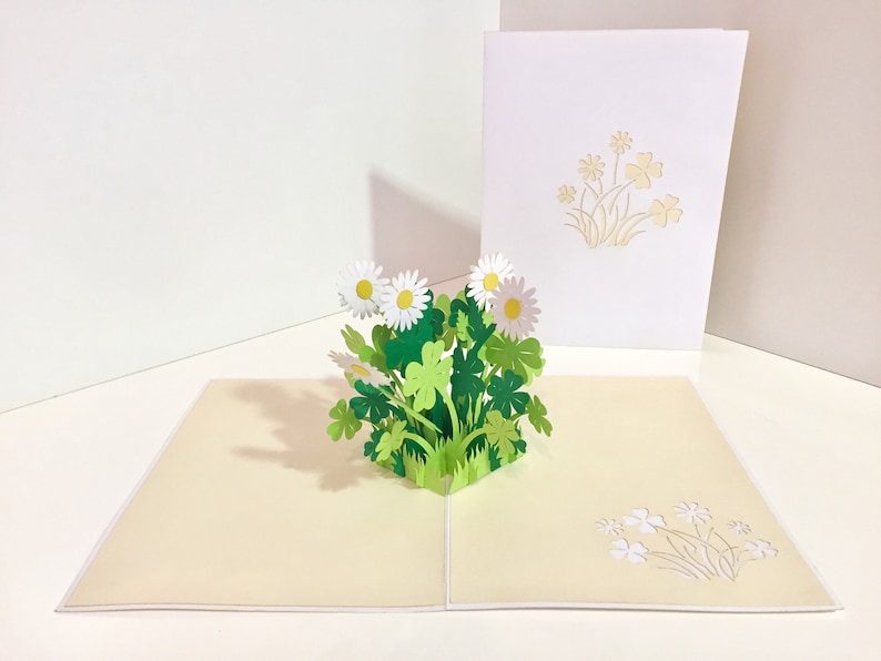 3D Pop-Up Grußkarte mit Gänseblümchen und Klee, zum Geburtstag, handgefertigt, 15x20 cm, mit Umschlag