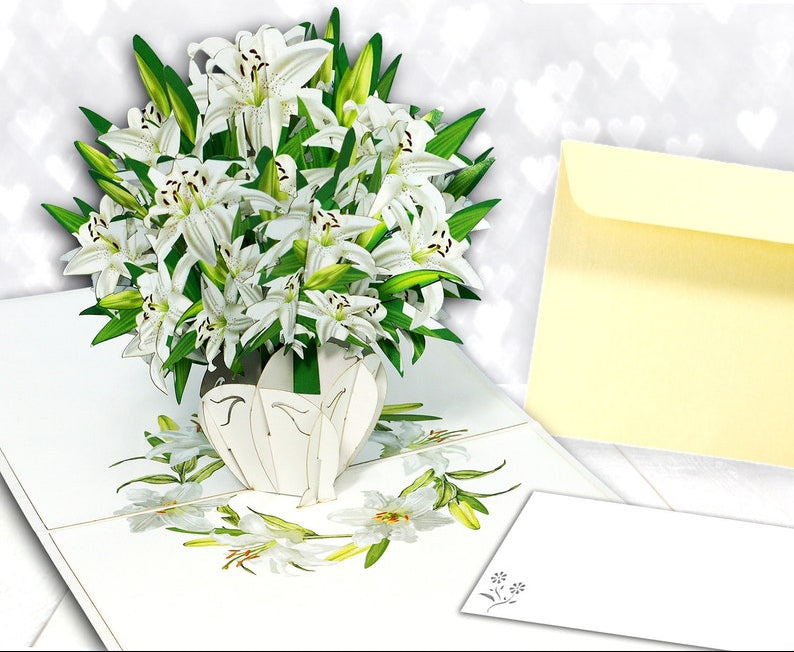 Pop Up Karte Blumen Lilien mit Vase 3D Geburtstagskarte Klappkarte 15x15 cm Grußkarte