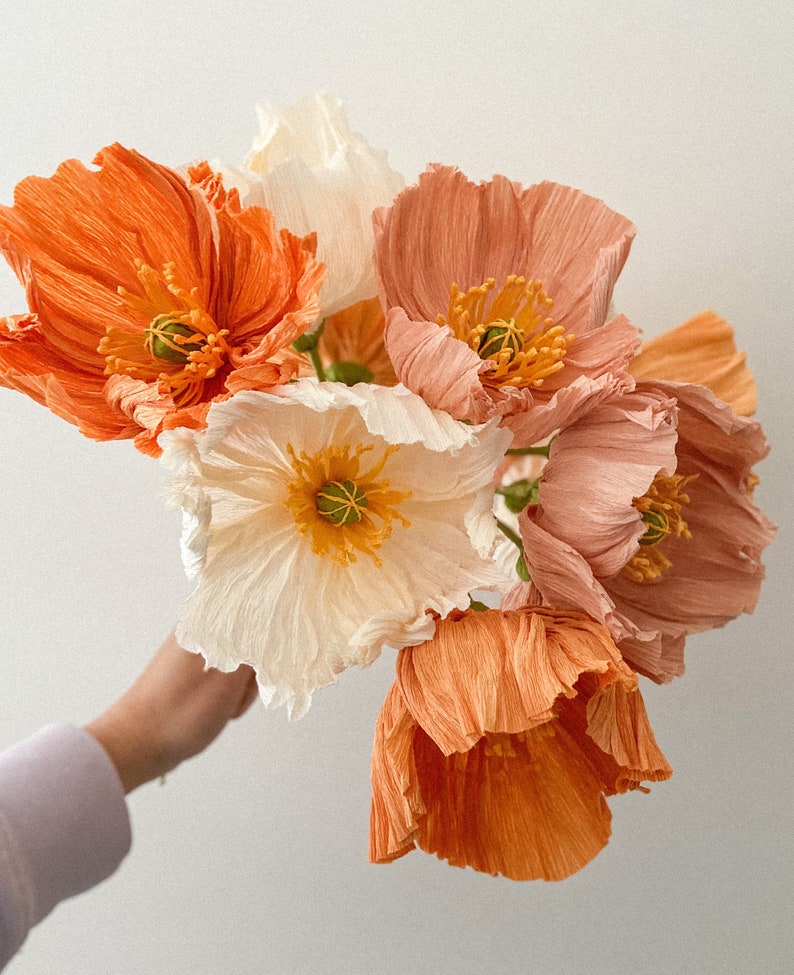 Isländische Mohnblumensträuße aus Krepppapier, 5 Stiele, Höhe 39 cm