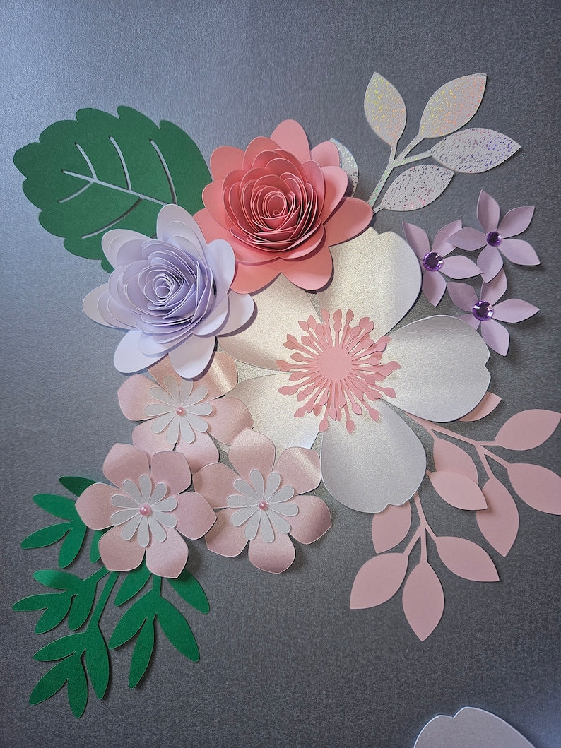3D Papierblumen Wanddeko Set 60x60 cm aus Karton