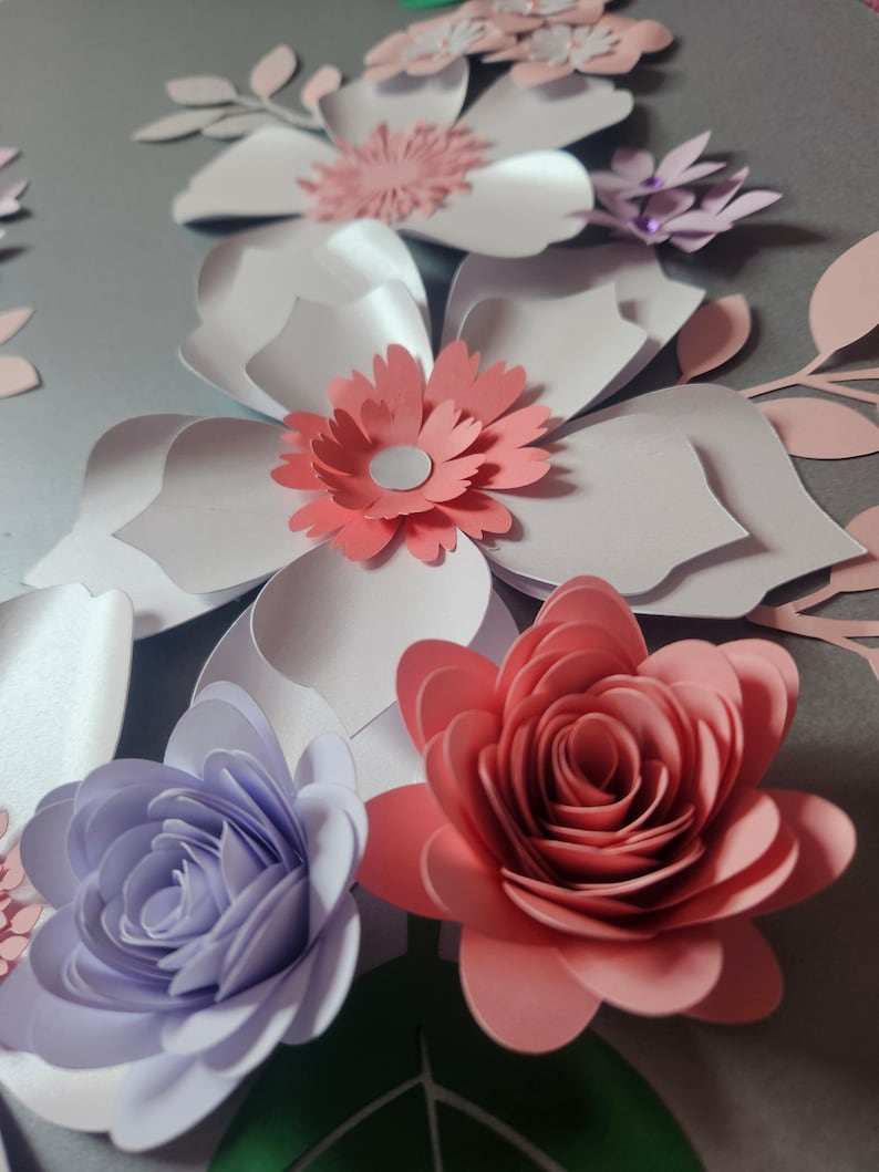 3D Papierblumen Wanddeko Set 60x60 cm aus Karton