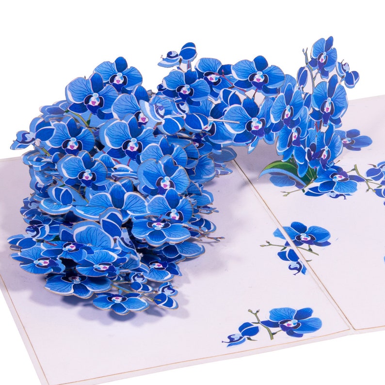 Pop Up 3D Karte Blume Orchidee Blau – Grußkarte mit Umschlag, Klappkarte 11,5 x 17 cm