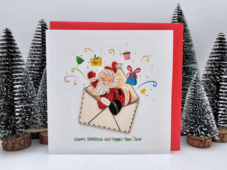 Quilling Weihnachtskarte 3D Weihnachtsmann im Briefumschlag 15x15 cm 220 gsm Handgemacht