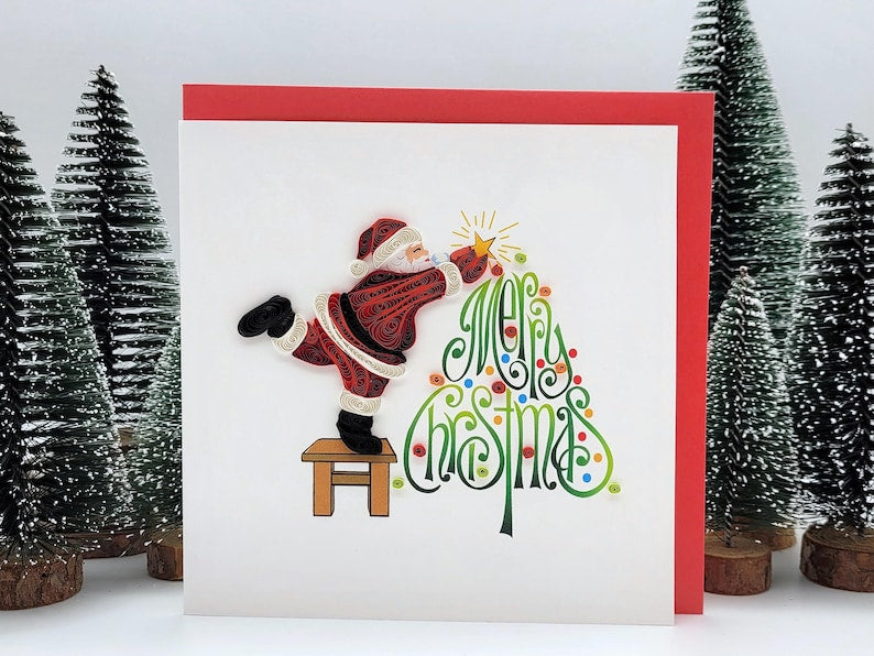 Quilling Grußkarte Weihnachtsmann Tannenbaum 3D Handgemacht 15x15 cm Papierkunst