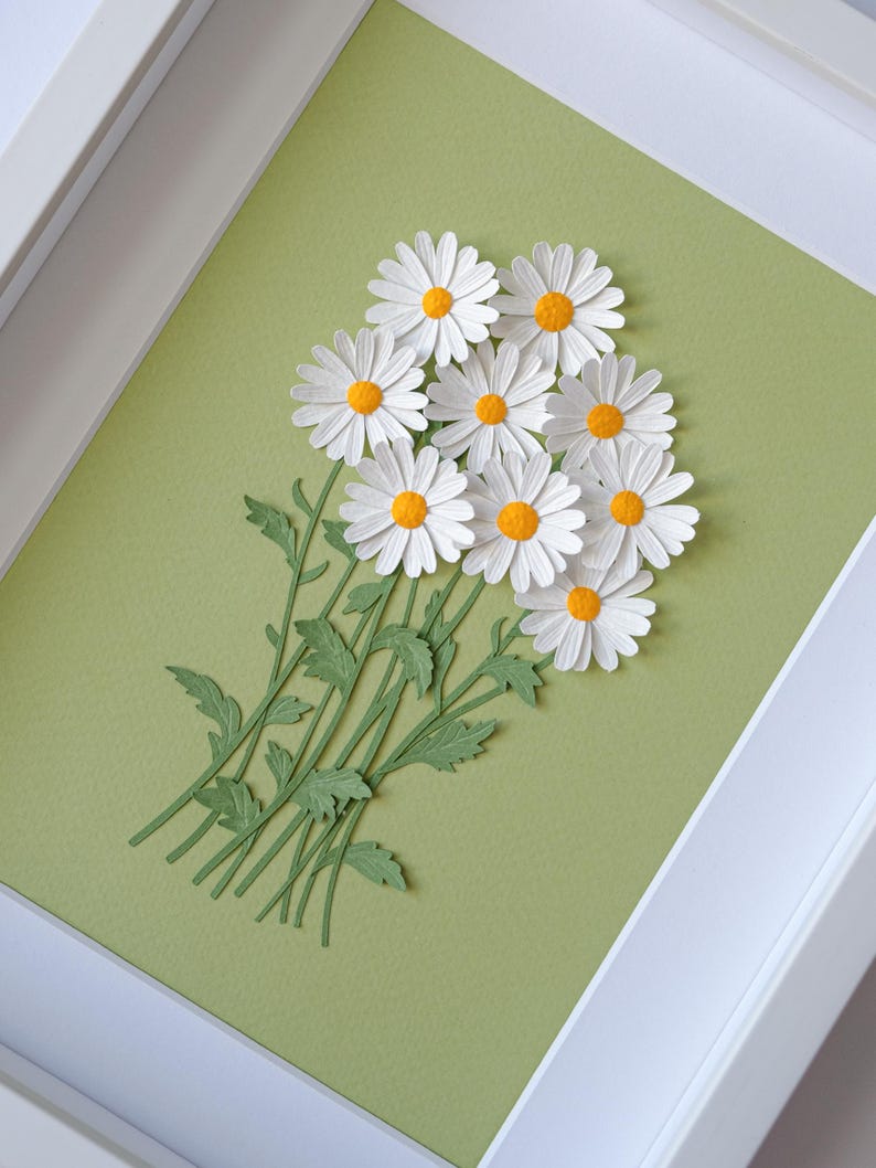 3D Gänseblümchen Wanddeko, gerahmt, Papierkunst, 265x215x30 mm, Blumen Deko, Geschenk