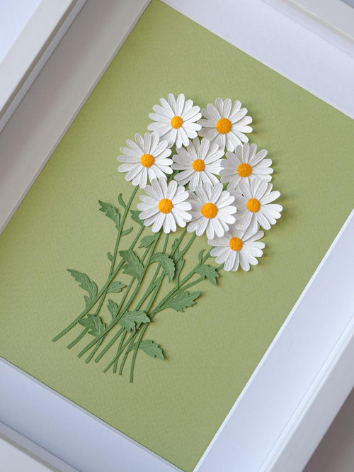 3D Gänseblümchen Wanddeko, gerahmt, Papierkunst, 265x215x30 mm, Blumen Deko, Geschenk