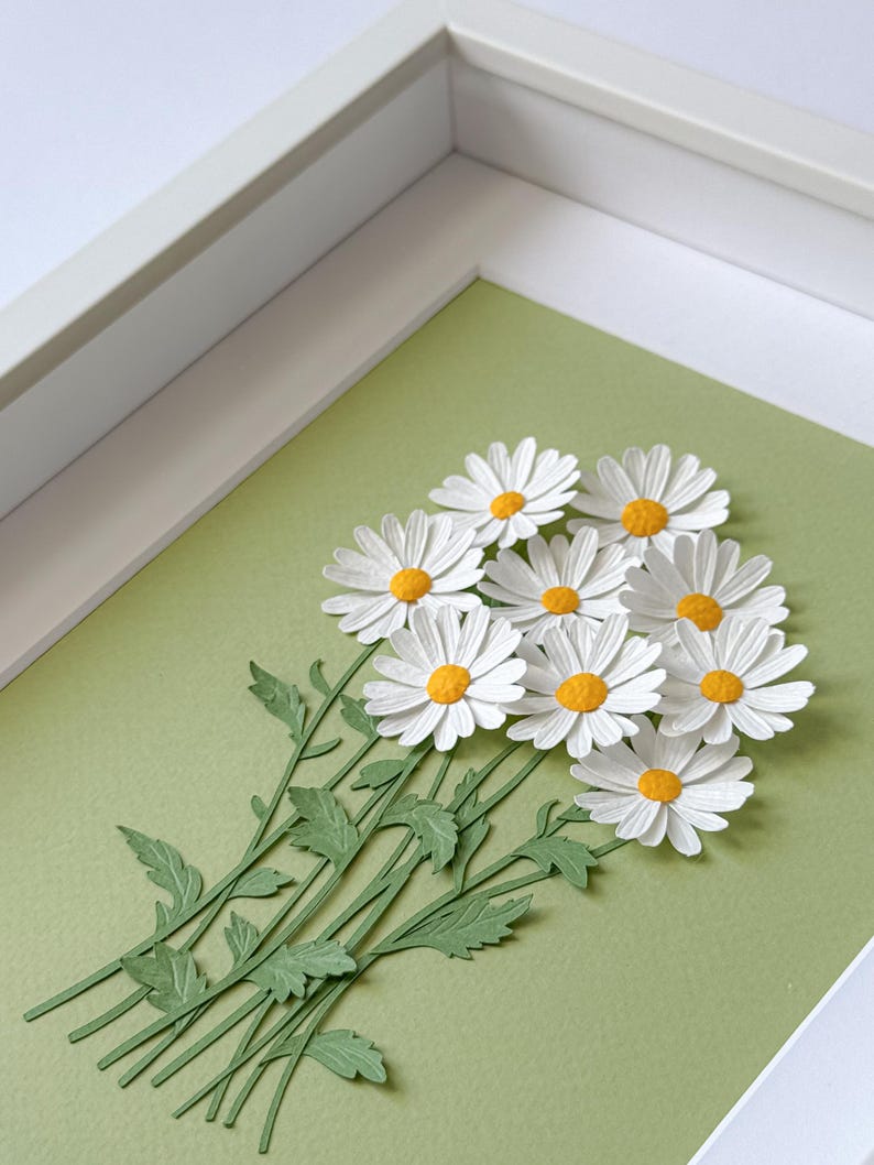 3D Gänseblümchen Wanddeko, gerahmt, Papierkunst, 265x215x30 mm, Blumen Deko, Geschenk