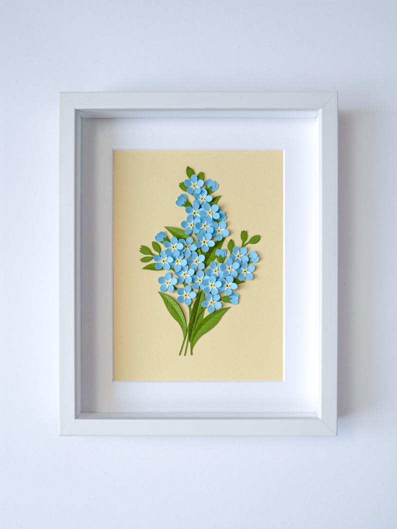 Gerahmtes 3D Papierbild Vergissmeinnicht - Florale Wanddekoration mit Holzrahmen, 265x215x30 mm