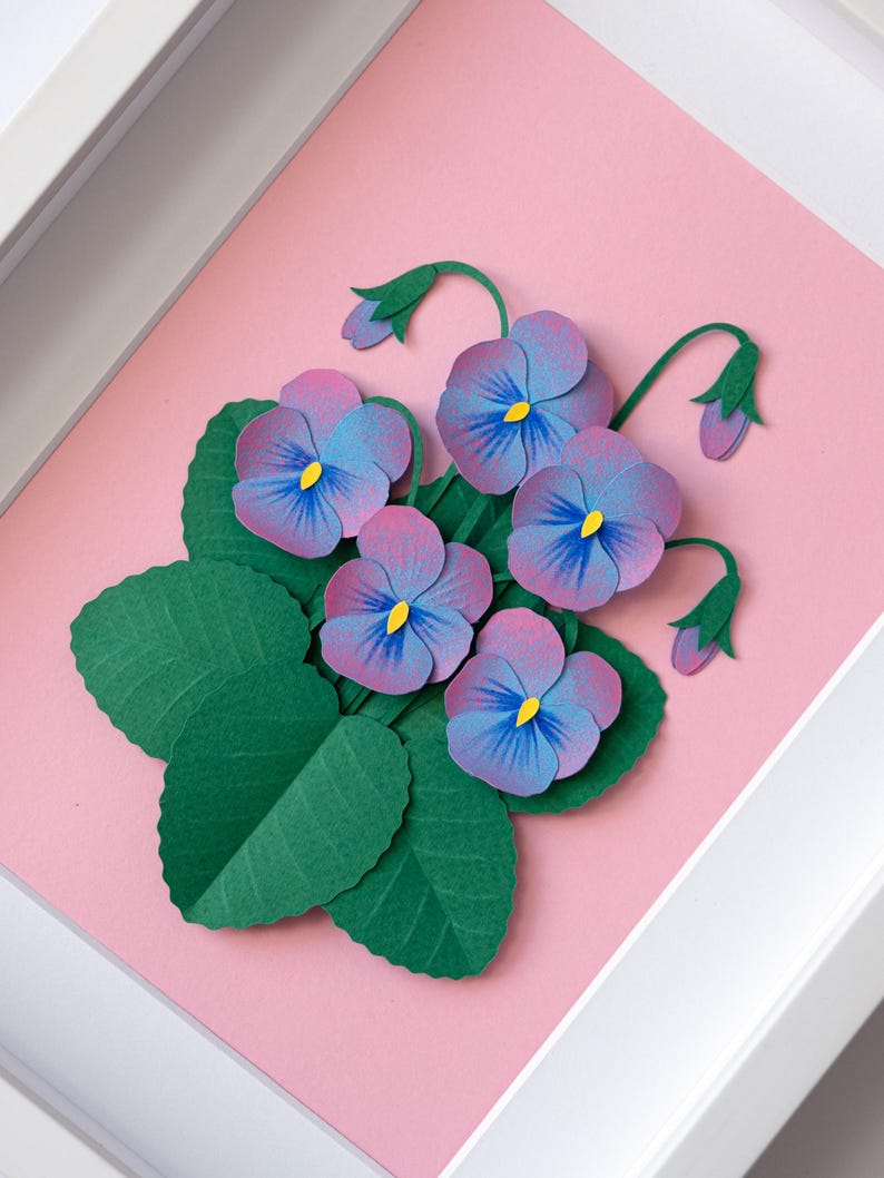 Gerahmtes 3D Papierkunstwerk Stiefmütterchen - Florale Wanddeko