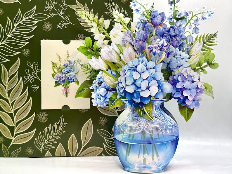 Blauer Hortensie 3D Pop-Up Blumenstrauß mit Grußkarte und Umschlag, 25x30 cm