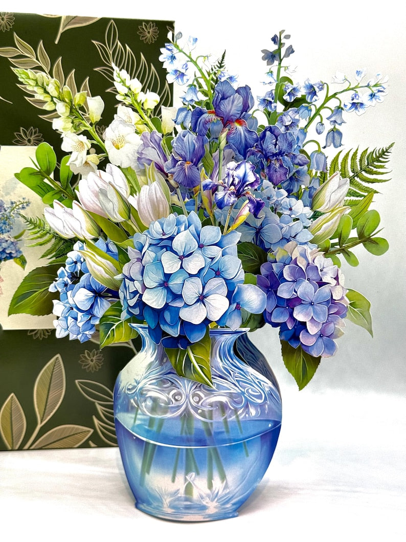 Blauer Hortensie 3D Pop-Up Blumenstrauß mit Grußkarte und Umschlag, 25x30 cm