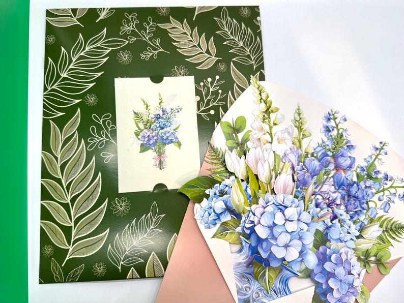 Blauer Hortensie 3D Pop-Up Blumenstrauß mit Grußkarte und Umschlag, 25x30 cm