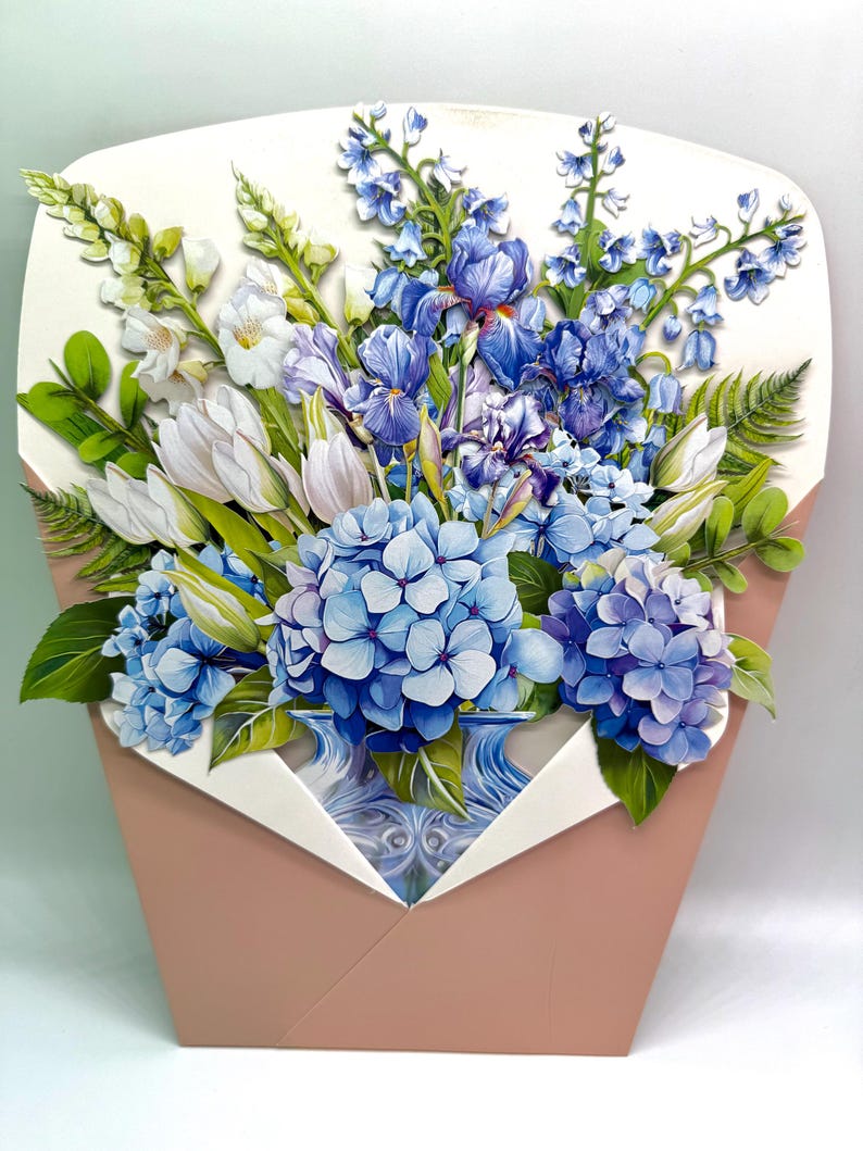 Blauer Hortensie 3D Pop-Up Blumenstrauß mit Grußkarte und Umschlag, 25x30 cm