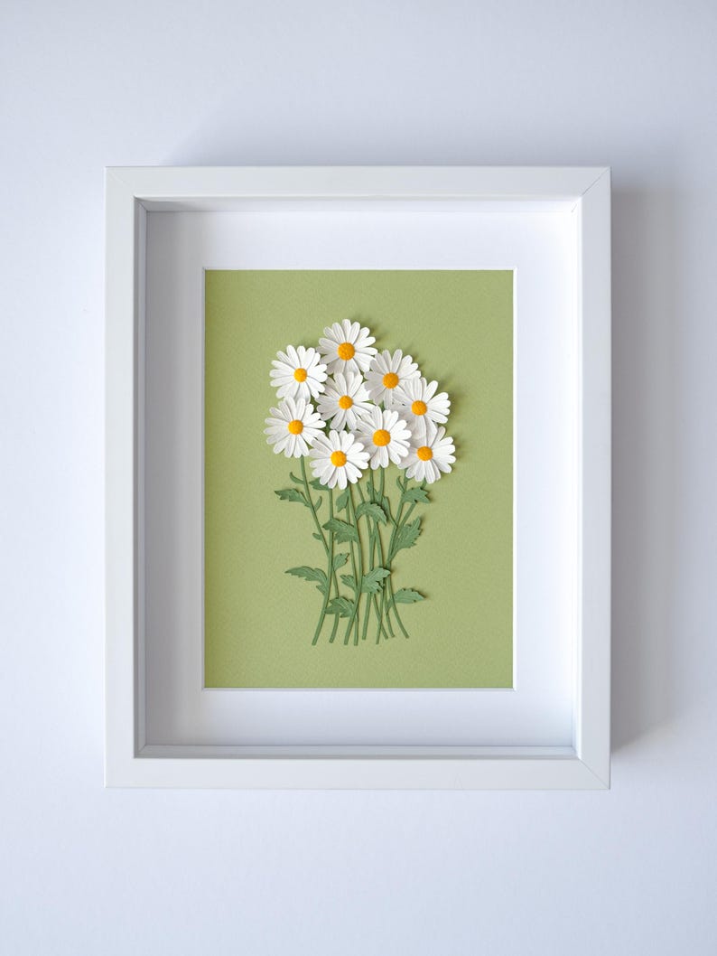 3D Gänseblümchen Wanddeko, gerahmt, Papierkunst, 265x215x30 mm, Blumen Deko, Geschenk