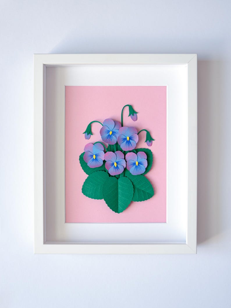 Gerahmtes 3D Papierkunstwerk Stiefmütterchen - Florale Wanddeko
