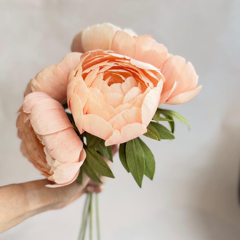 Coral Charm Peony Einzelstiel, handgefertigtes Krepppapier, 30cm, Pfirsich, Hochzeitsgeschenk