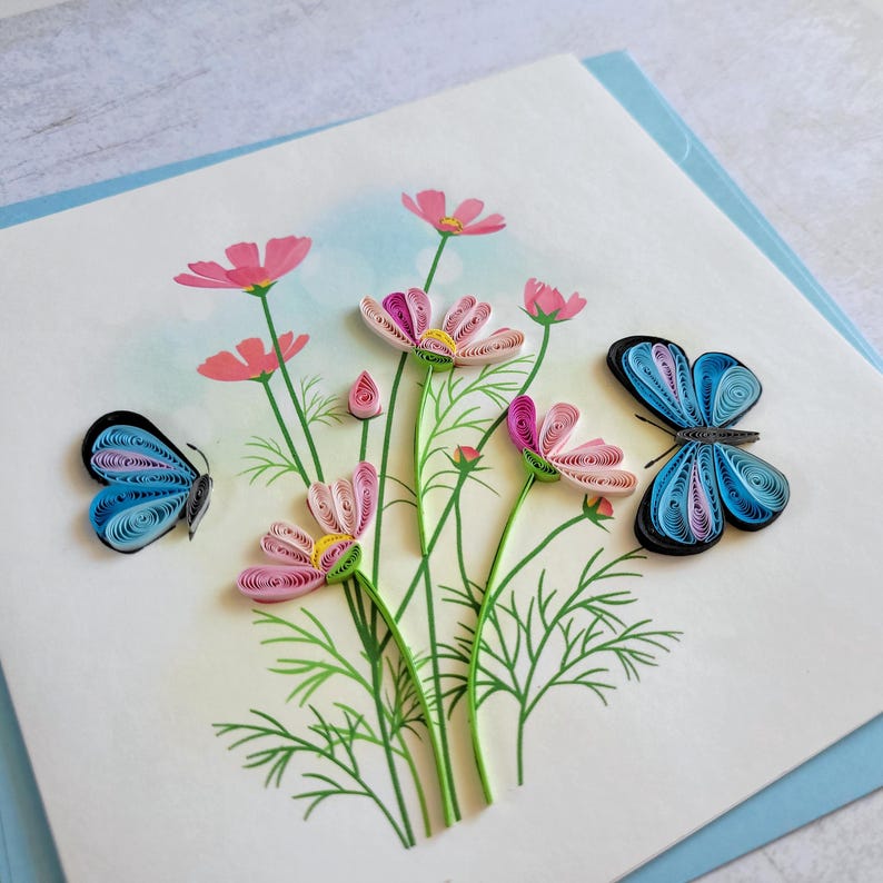 Quilling Grußkarte Schmetterlinge mit Blumen 3 - Handgefertigte Papierkunst, 15x15 cm, inkl. Umschlag