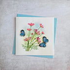 Quilling Grußkarte Schmetterlinge mit Blumen 3 - Handgefertigte Papierkunst, 15x15 cm, inkl. Umschlag