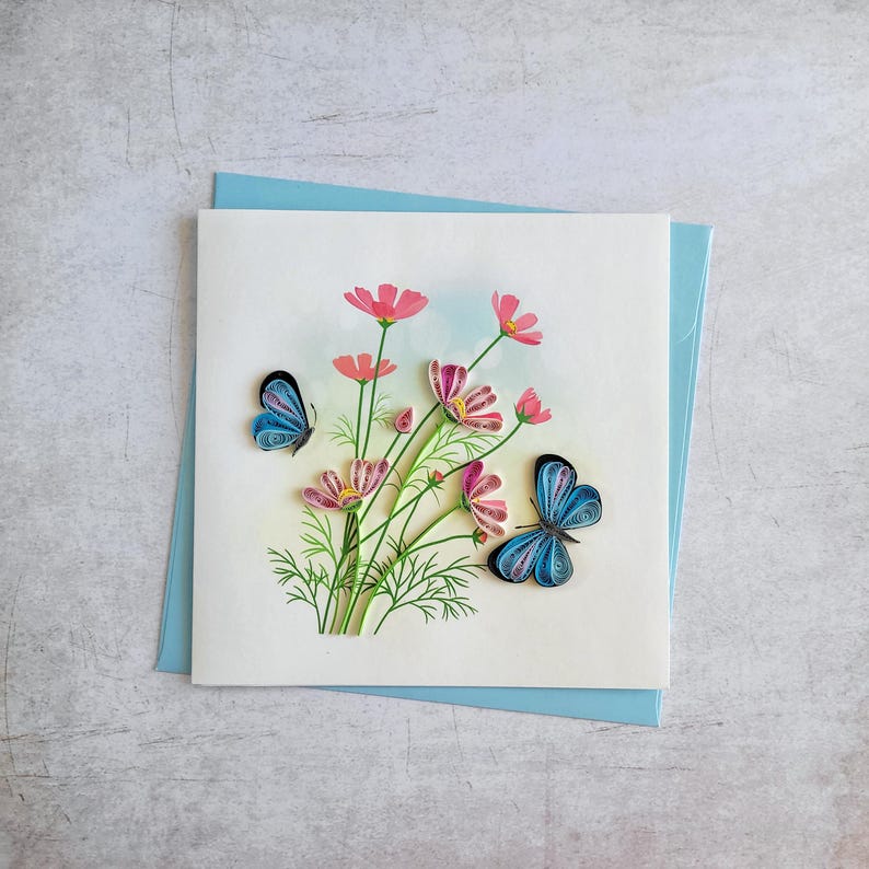 Quilling Grußkarte Schmetterlinge mit Blumen 3 - Handgefertigte Papierkunst, 15x15 cm, inkl. Umschlag