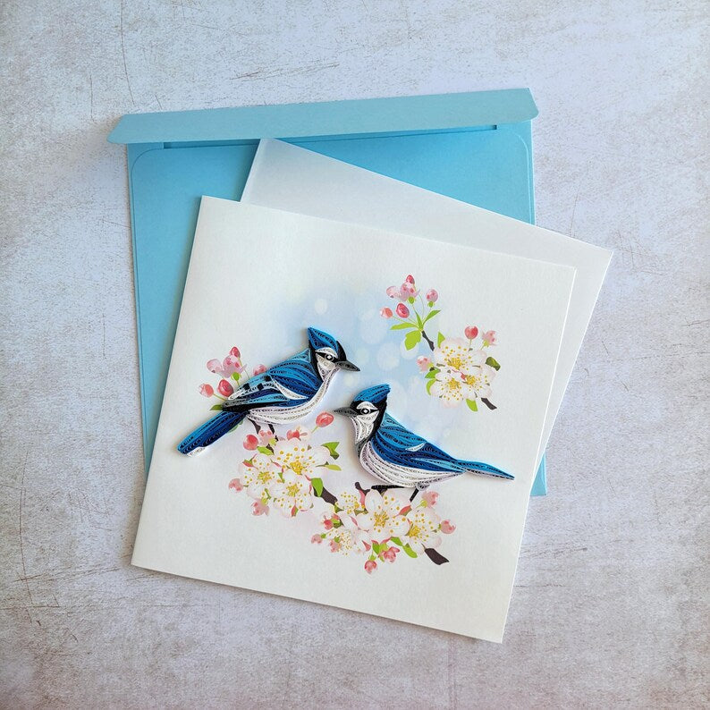 Quilling Grußkarte Blauhäher - Papierkunst 15x15 cm mit Umschlag