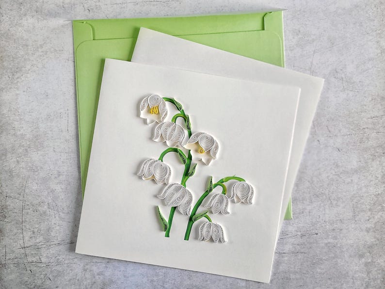 Quilling Grußkarte Maiglöckchen - Handgemachte 3D Papierkunst Karte, 15x15 cm