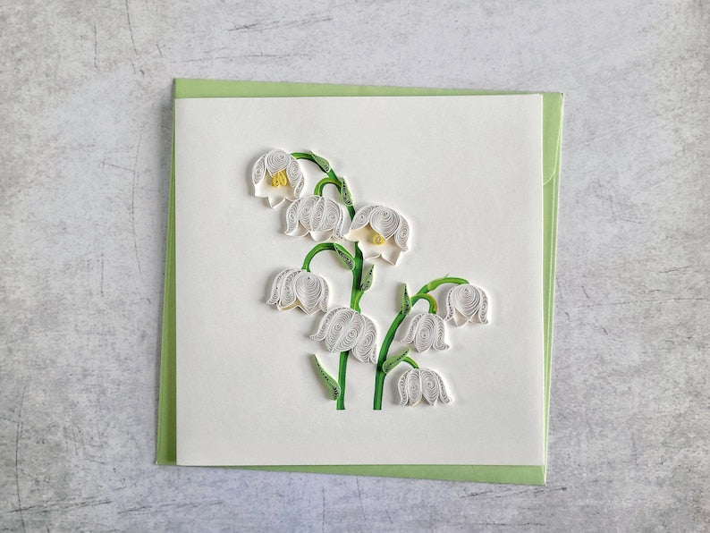 Quilling Grußkarte Maiglöckchen - Handgemachte 3D Papierkunst Karte, 15x15 cm