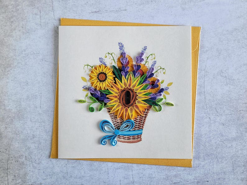Quilling Grußkarte Korb mit Sonnenblumen - 3D Blumenkarte, 15 cm x 15 cm, inkl. Umschlag
