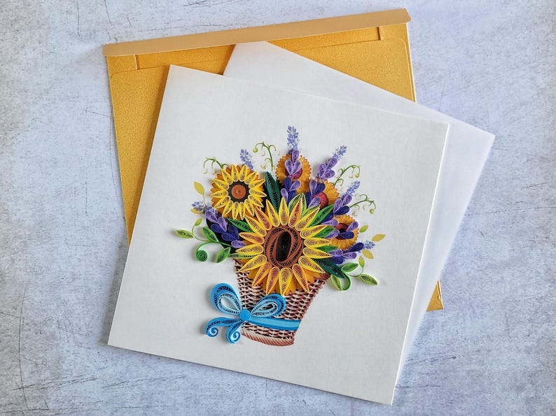 Quilling Grußkarte Korb mit Sonnenblumen - 3D Blumenkarte, 15 cm x 15 cm, inkl. Umschlag