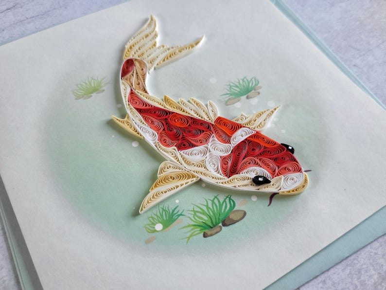 Quilling Grußkarte Koi Fisch - Handgemachte 3D Grußkarte - Asiatisches Motiv - Glück & Harmonie