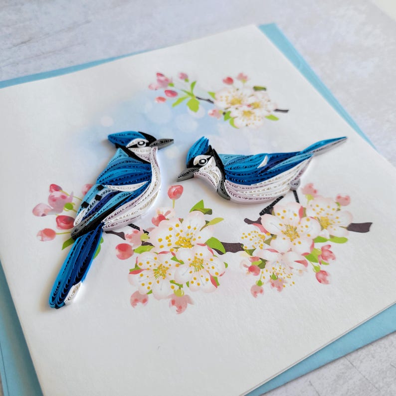 Quilling Grußkarte Blauhäher - Papierkunst 15x15 cm mit Umschlag