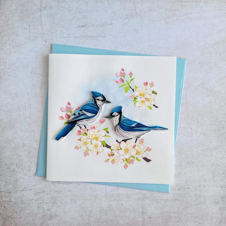 Quilling Grußkarte Blauhäher - Papierkunst 15x15 cm mit Umschlag