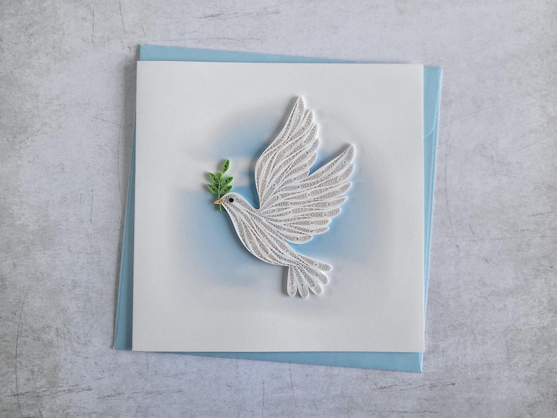 Quilling Karte weiße Taube - 3D Papierkunst zur Taufe, Konfirmation, Kommunion