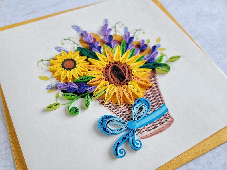 Quilling Grußkarte Korb mit Sonnenblumen - 3D Blumenkarte, 15 cm x 15 cm, inkl. Umschlag