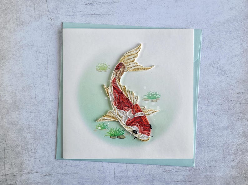Quilling Grußkarte Koi Fisch - Handgemachte 3D Grußkarte - Asiatisches Motiv - Glück & Harmonie