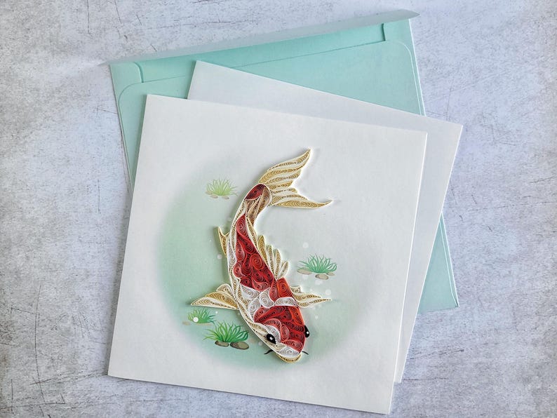 Quilling Grußkarte Koi Fisch - Handgemachte 3D Grußkarte - Asiatisches Motiv - Glück & Harmonie