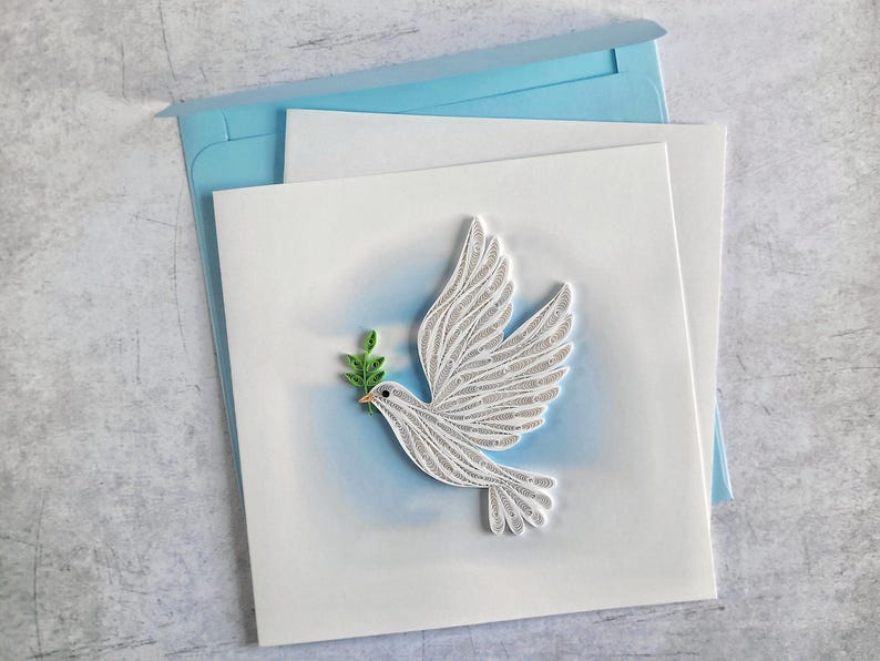 Quilling Karte weiße Taube - 3D Papierkunst zur Taufe, Konfirmation, Kommunion