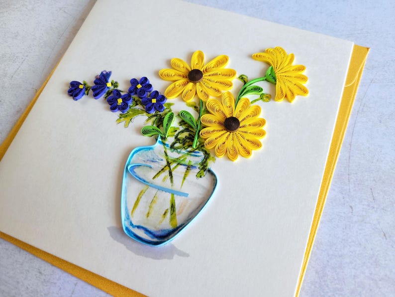 Quilling Grußkarte Blumenvase - 3D Handgemachte Blumen Karte - Geburtstagskarte, Muttertagskarte - Papierkunst