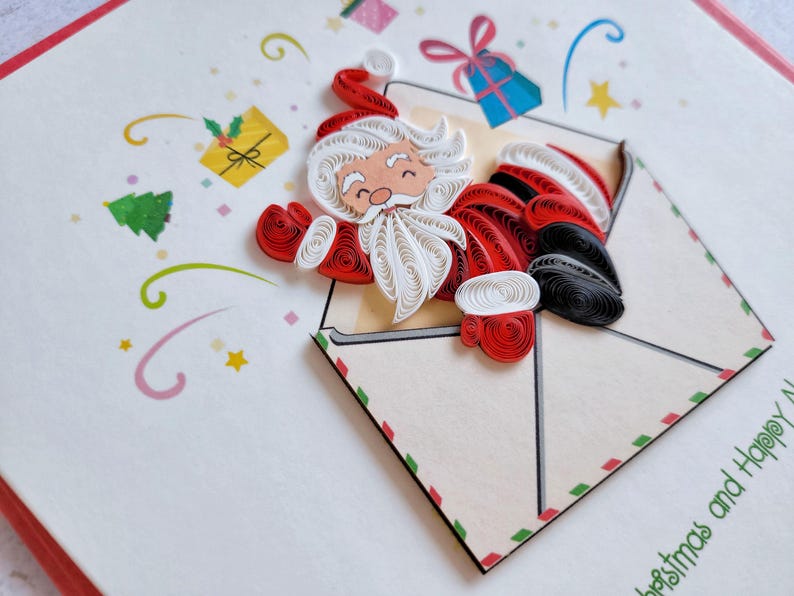 Quilling Weihnachtskarte 3D Weihnachtsmann im Briefumschlag 15x15 cm 220 gsm Handgemacht