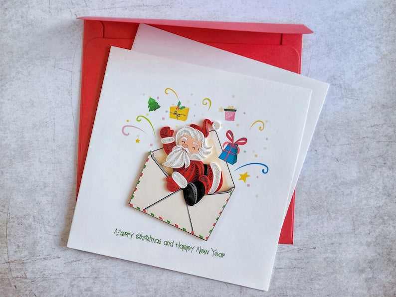 Quilling Weihnachtskarte 3D Weihnachtsmann im Briefumschlag 15x15 cm 220 gsm Handgemacht
