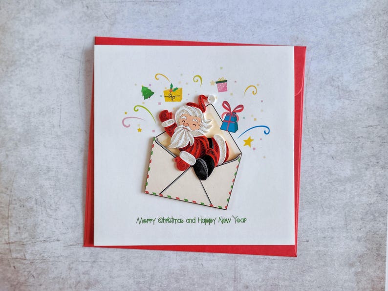 Quilling Weihnachtskarte 3D Weihnachtsmann im Briefumschlag 15x15 cm 220 gsm Handgemacht
