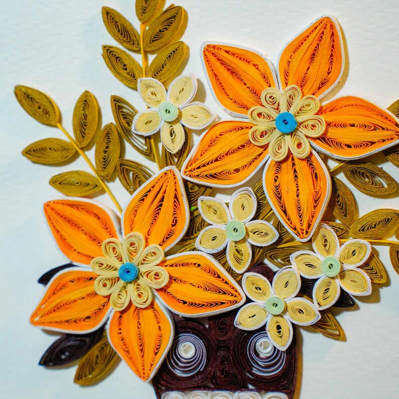 Quilling Papierblumen Wandkunst Gelber Blumenstrauß 24 x 24 cm Acryl Geschützt