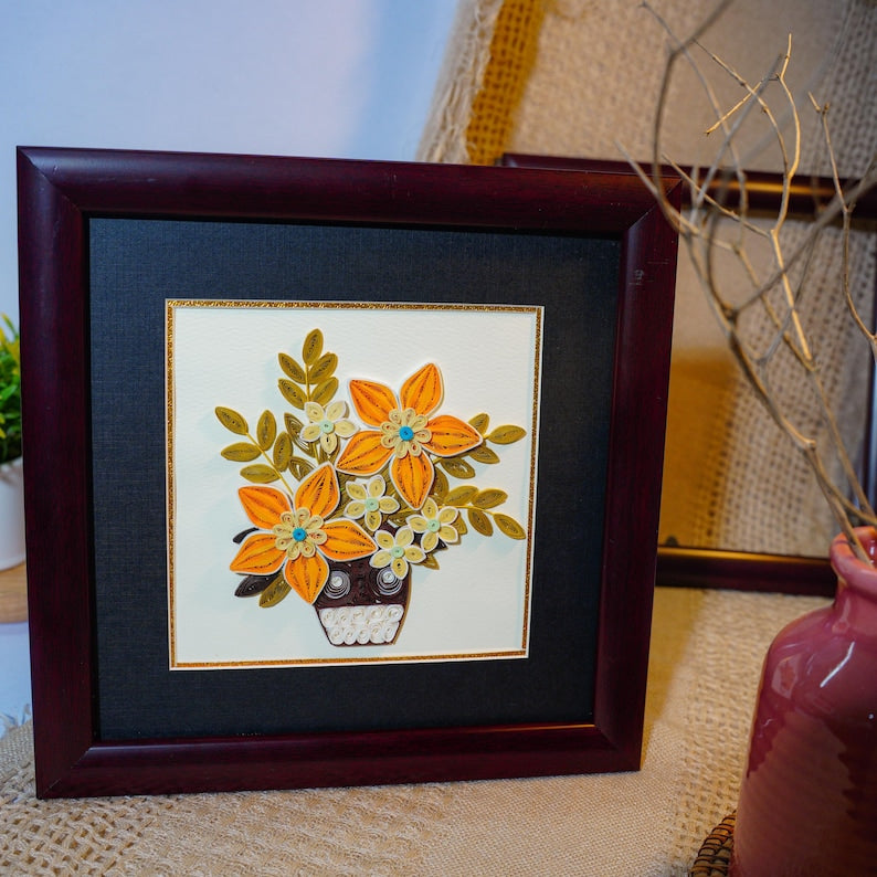 Quilling Papierblumen Wandkunst Gelber Blumenstrauß 24 x 24 cm Acryl Geschützt
