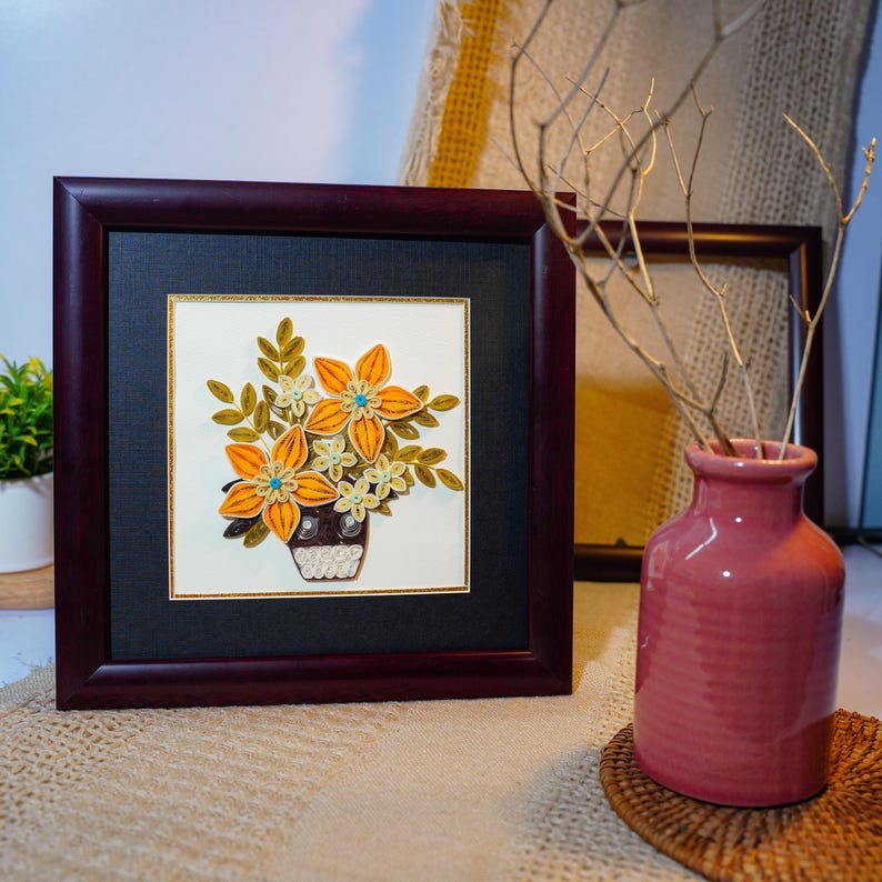 Quilling Papierblumen Wandkunst Gelber Blumenstrauß 24 x 24 cm Acryl Geschützt
