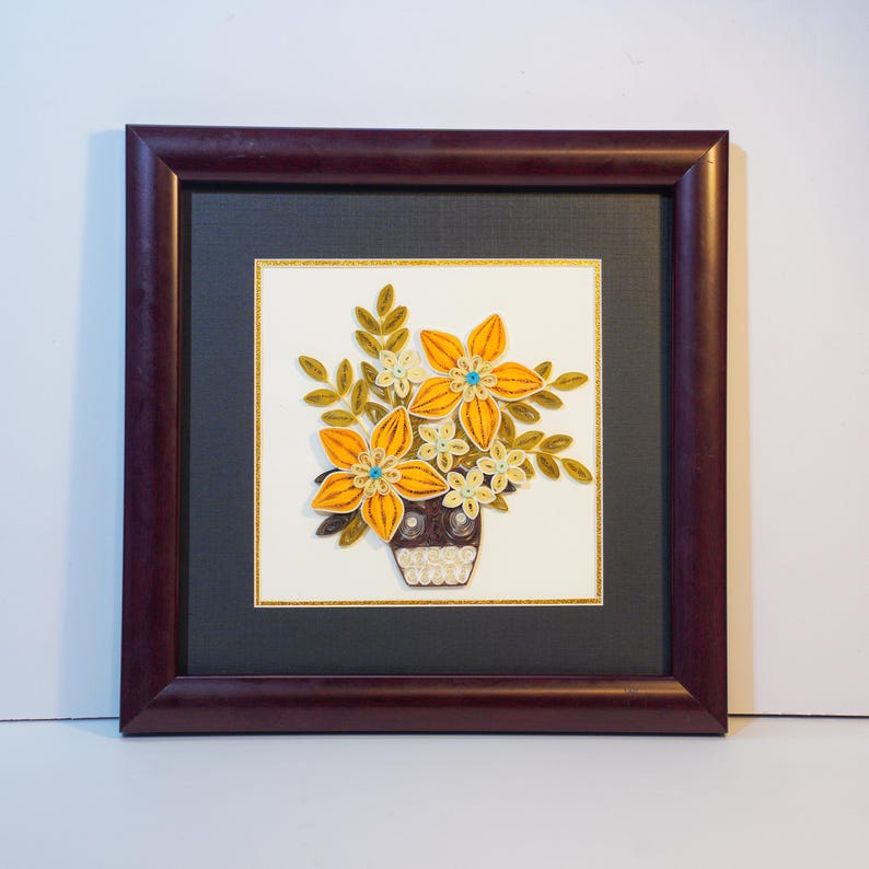Quilling Papierblumen Wandkunst Gelber Blumenstrauß 24 x 24 cm Acryl Geschützt