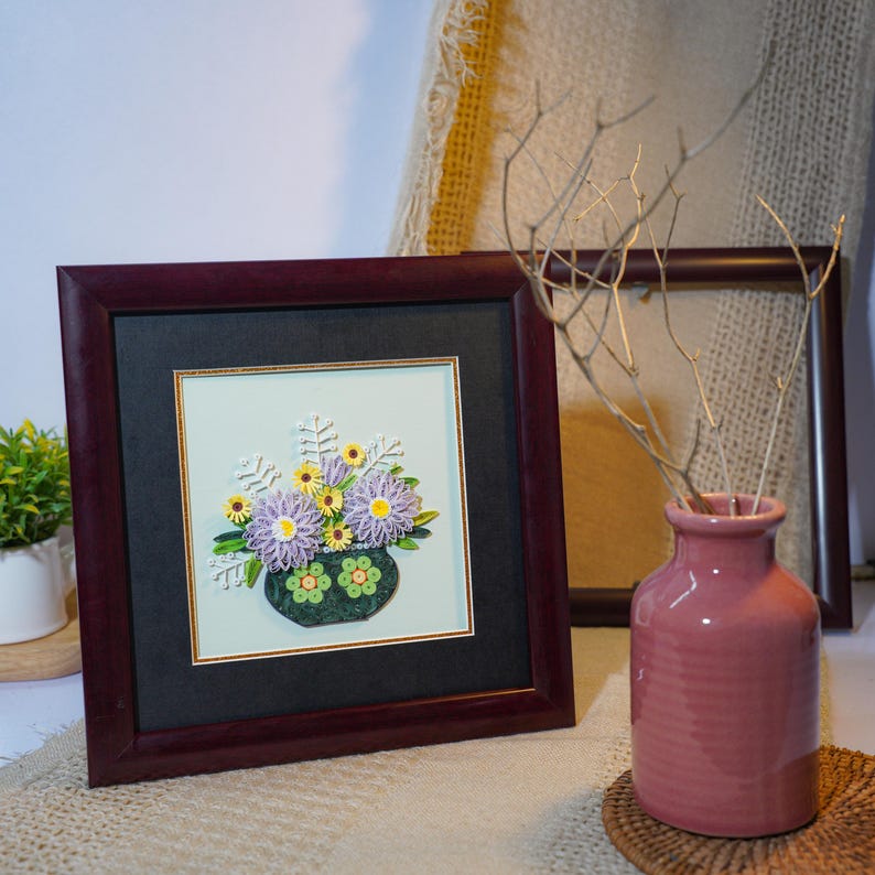 Gerahmte 3D Quilling Wandkunst, handgemachtes Blumendekor 24x24 cm, Papierkunst