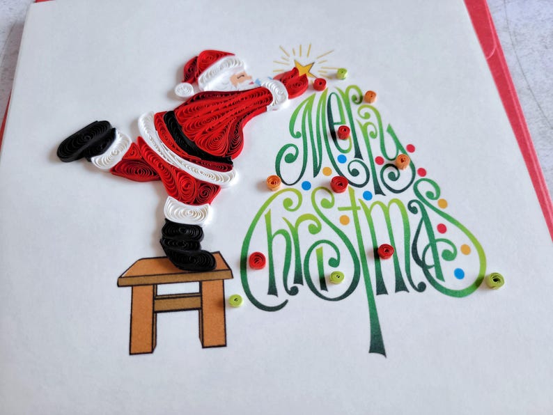 Quilling Grußkarte Weihnachtsmann Tannenbaum 3D Handgemacht 15x15 cm Papierkunst