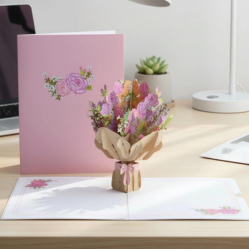3D Blumenstrauß Pop-Up Grußkarte Rosa mit Umschlag
